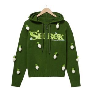 Shrek Logo Onion Knit Full Zip Hoodie Cardigan Sweater Womens Sz Large Green